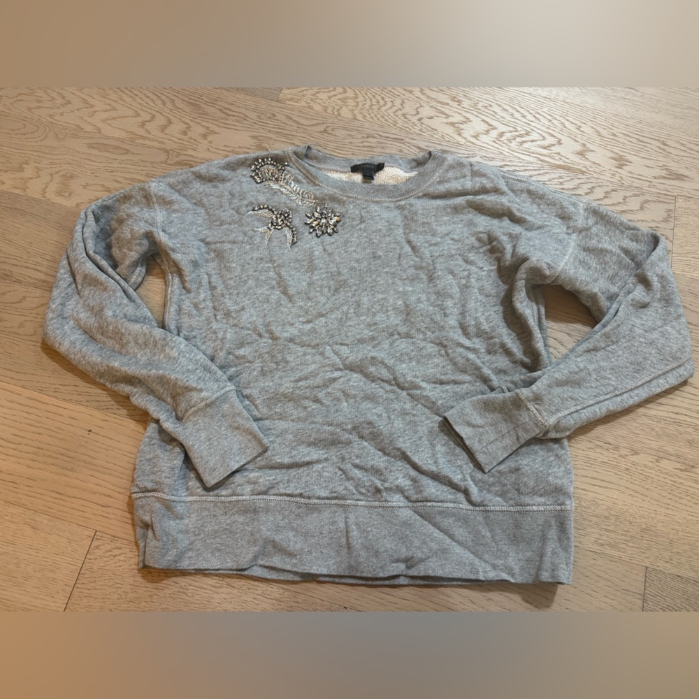 Jcrew Size Medium Women’s Gray Sweatshirt With Crystals & Feather Embroidery